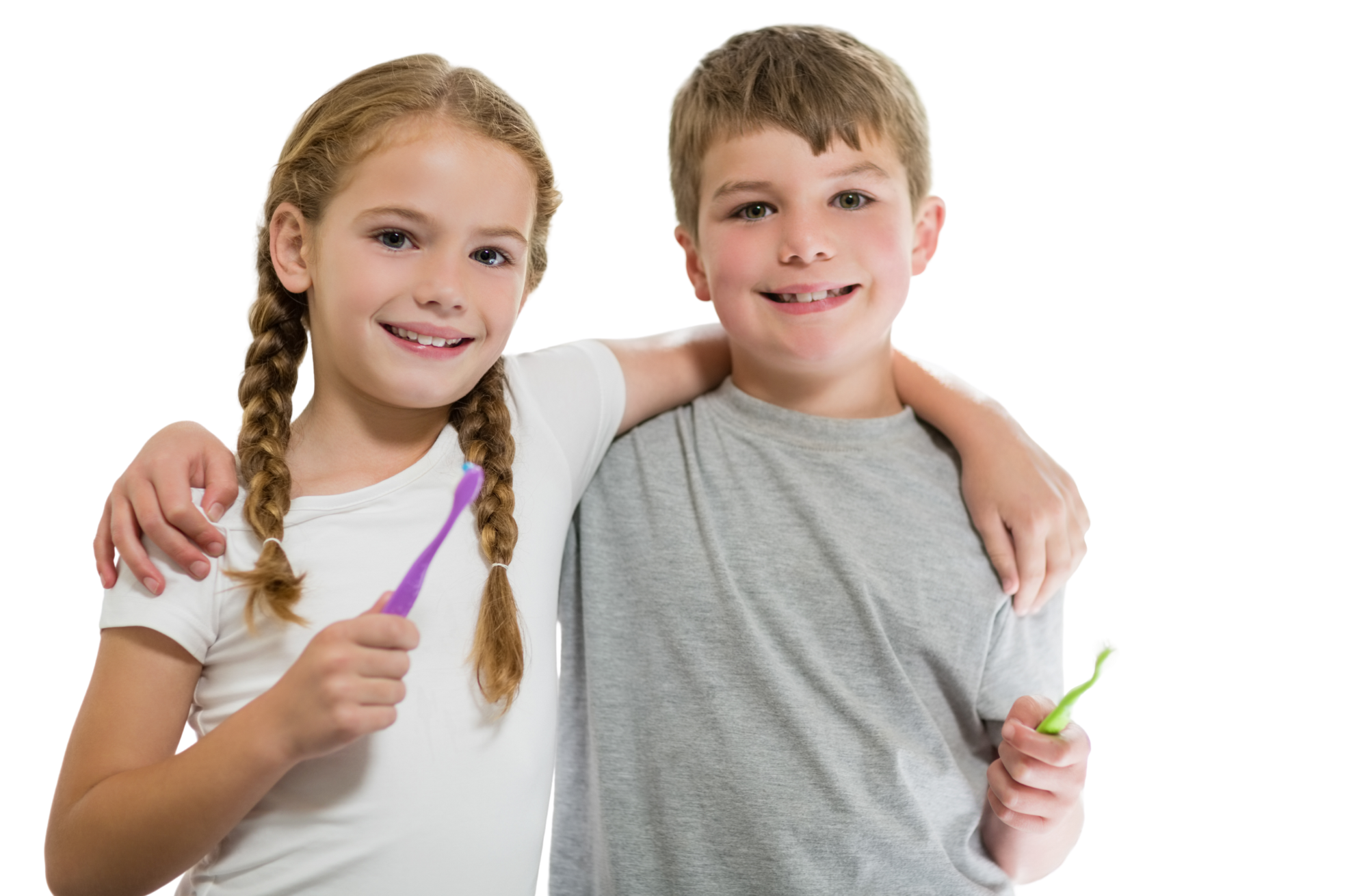 MCDP_Romeo Peach Festival Print Ad -10 Brother and sister smiling with arms around each other holding tooth brushes